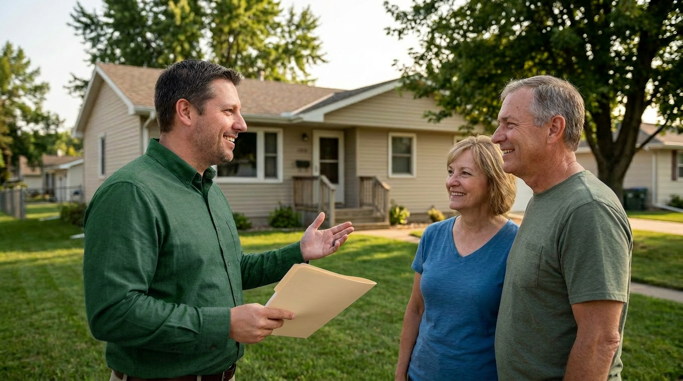 Matthew Luke meeting with sellers in front of a modest Sioux Falls home